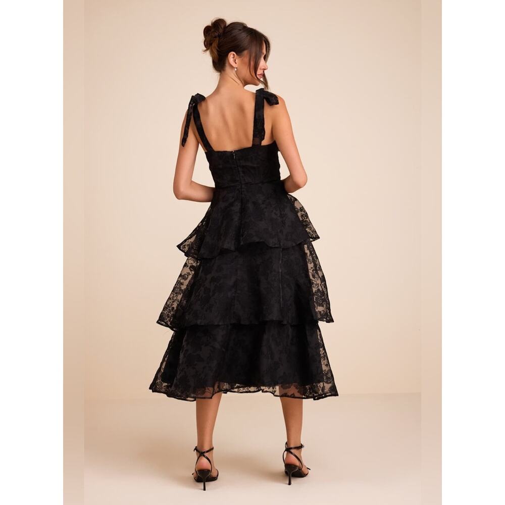 Lulus Glamorous Sweetie Black Burnout Tie-Strap Bustier Midi Dress - Read Info - Picture 3 of 6